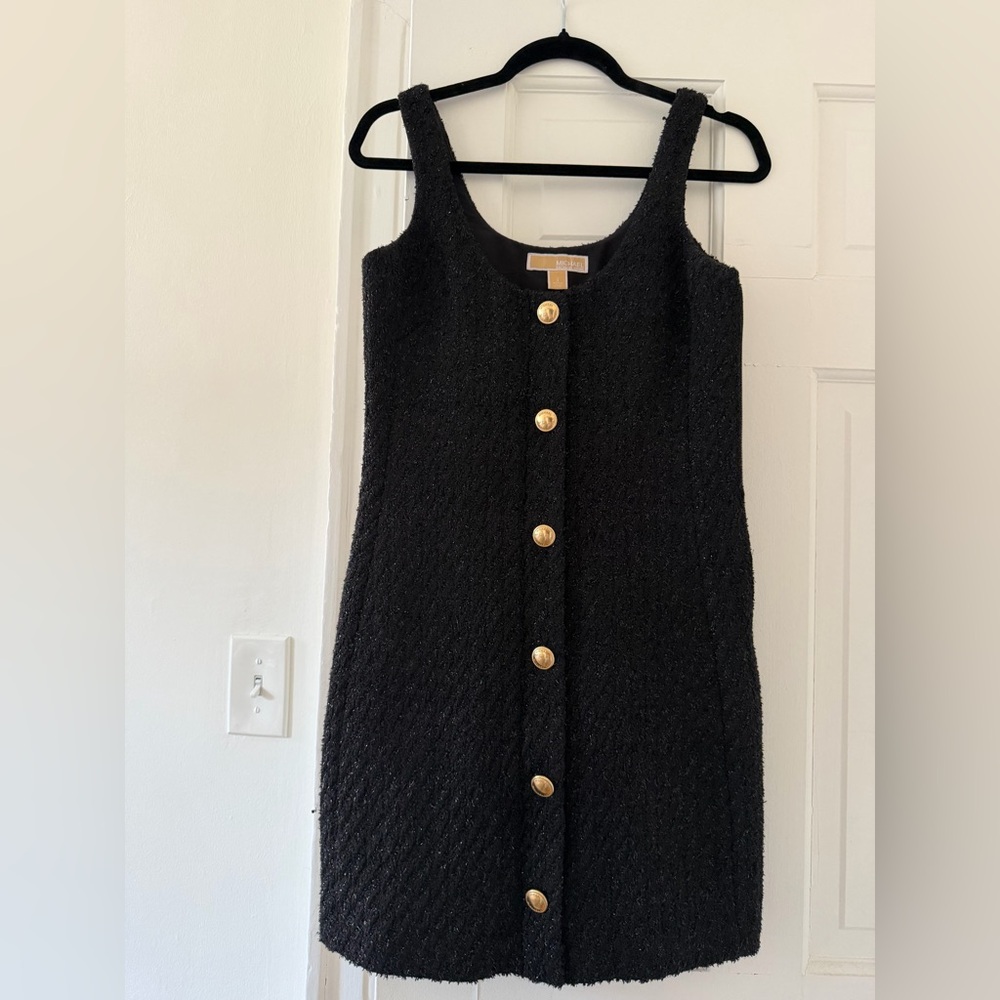 Michael Kors Black Tweed Midi Dress with Gold Buttons